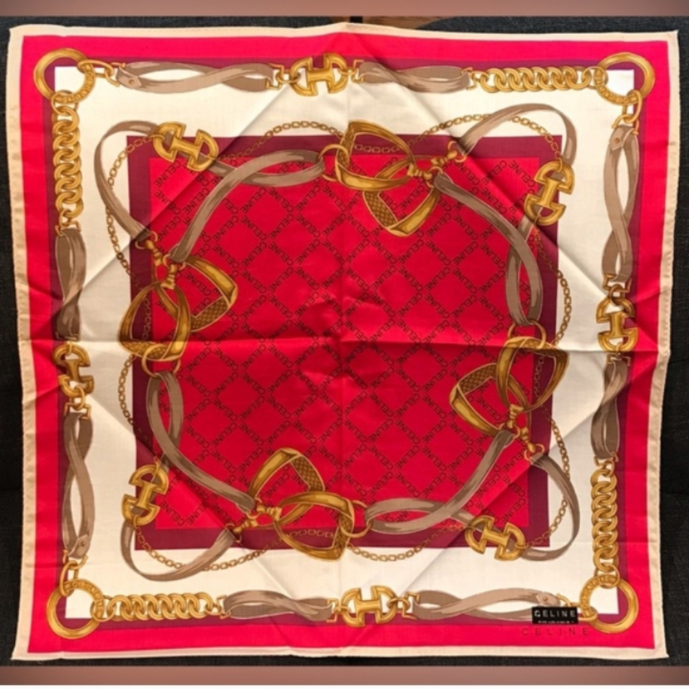 Celine Red and Gold Chain Motif Scarf / Bandana LNC - Picture 1 of 11
